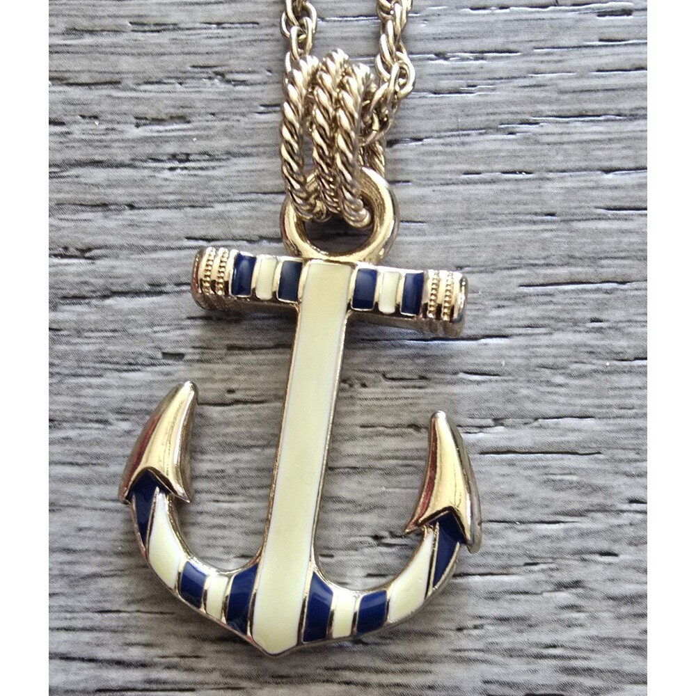 Blue & White Enamel Anchor With Gold Tone Chain Nautical Summer Beach - Picture 4 of 9